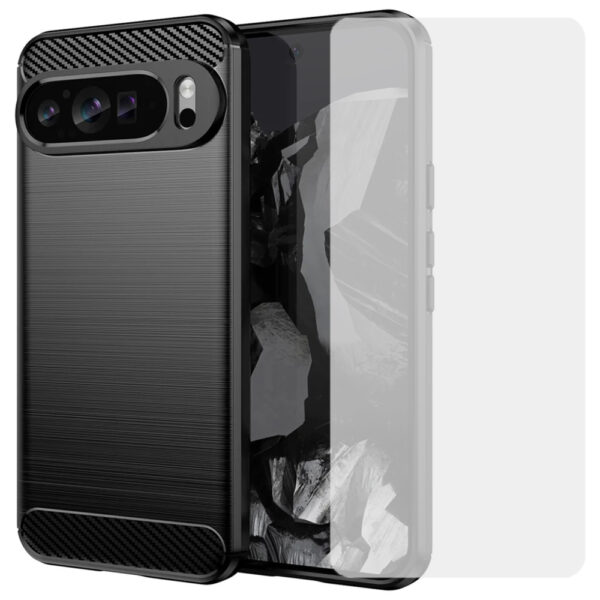 Set husa carbon cu folie compatibil cu Google Pixel 9 Pro, Antisoc, Efect Cooling, Protectie 360, Negru