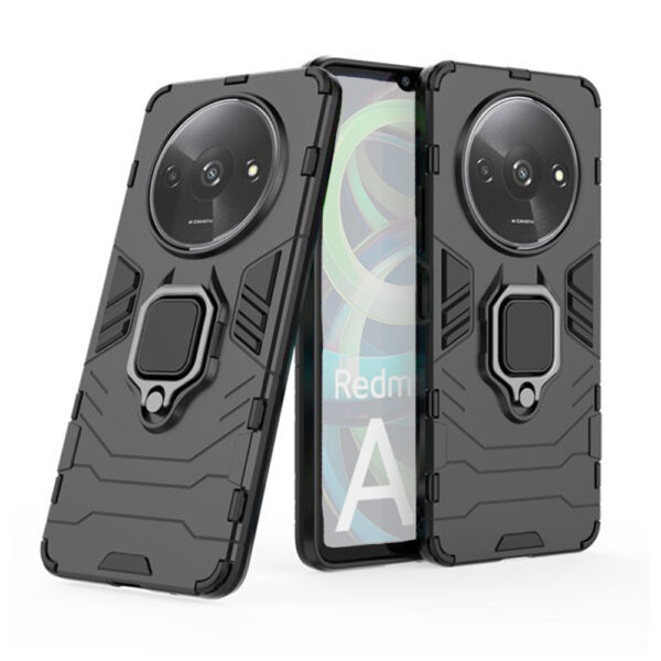 Set husa Comando Armor Ring cu folie de silicon compatibila cu Xiaomi Redmi A3, Antisoc, Ultrarezistenta, Protectie 360, Inel Metalic Rotativ, Negru - 2