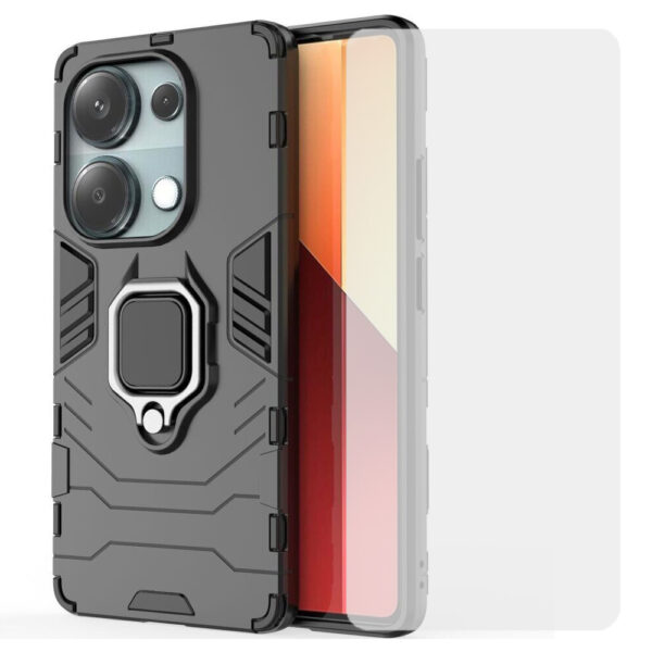 Set husa Comando Armor Ring cu folie de silicon compatibila cu Xiaomi Redmi Note 13 Pro 4G / Poco M6 Pro 4G, Antisoc, Ultrarezistenta, Protectie 360, Inel Metalic Rotativ, Negru