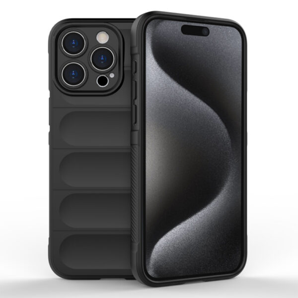 Husa Matte Waves pentru Apple iPhone 15 Pro, Camera Protect, Striatii laterale, Colturi intarite, Margini inaltate, Antialunecare, Antisoc, Silicon prietenos cu pielea, Negru