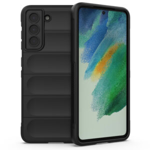 Husa Matte Waves pentru Samsung Galaxy S21 FE, Camera Protect, Striatii laterale, Colturi intarite, Margini inaltate, Antialunecare, Antisoc, Silicon prietenos cu pielea, Negru