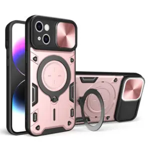 Husa Tough Metal CamShield pentru Apple iPhone 15, Armura hibrida, Ultra Protect, Antisoc, Inel rotativ 360 metalic, Roz