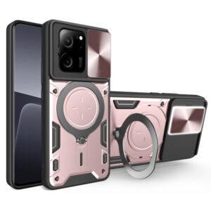 Husa Tough Metal CamShield pentru Xiaomi 13T | 13T Pro, Armura hibrida, Ultra Protect, Antisoc, Inel rotativ 360 metalic, Roz