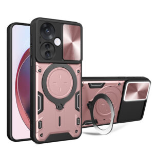 Husa Tough Metal CamShield pentru Oppo Reno11 F, Armura hibrida, Ultra Protect, Antisoc, Inel rotativ 360 metalic, Roz