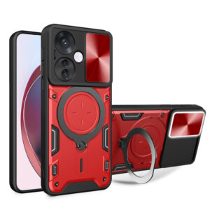 Husa Tough Metal CamShield pentru Oppo Reno11 F, Armura hibrida, Ultra Protect, Antisoc, Inel rotativ 360 metalic, Rosu