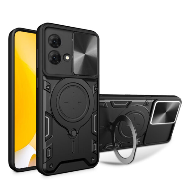 Husa Tough Metal CamShield pentru Motorola Moto G84, Armura hibrida, Ultra Protect, Antisoc, Inel rotativ 360 metalic, Negru