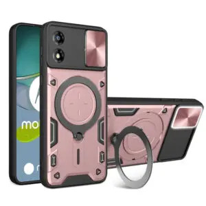 Husa Tough Metal CamShield pentru Motorola Moto E13, Armura hibrida, Ultra Protect, Antisoc, Inel rotativ 360 metalic, Roz