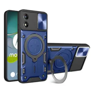 Husa Tough Metal CamShield pentru Motorola Moto E13, Armura hibrida, Ultra Protect, Antisoc, Inel rotativ 360 metalic, Albastru