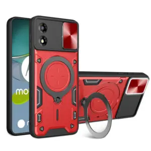 Husa Tough Metal CamShield pentru Motorola Moto E13, Armura hibrida, Ultra Protect, Antisoc, Inel rotativ 360 metalic, Rosu