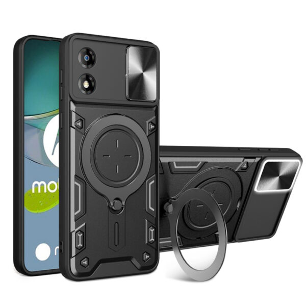 Husa Tough Metal CamShield pentru Motorola Moto E13, Armura hibrida, Ultra Protect, Antisoc, Inel rotativ 360 metalic, Negru