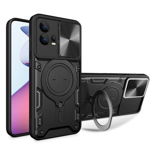 Husa Tough Metal CamShield pentru Motorola Moto G72, Armura hibrida, Ultra Protect, Antisoc, Inel rotativ 360 metalic, Negru