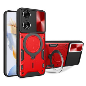 Husa Tough Metal CamShield pentru Honor X7b | 90 Smart | X7b 5G, Armura hibrida, Ultra Protect, Antisoc, Inel rotativ 360 metalic, Rosu