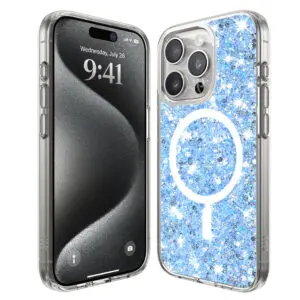 Husa Shiny Diamonds pentru Apple iPhone 15 Pro Max, Ultra Slim, Usoara, Durabila, Antisoc, Bumper compatibil cu incarcarea de tip MagSafe, Albastru