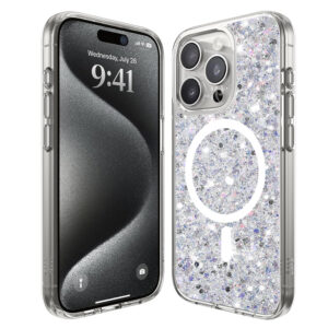 Husa Shiny Diamonds pentru Apple iPhone 15 Pro Max, Ultra Slim, Usoara, Durabila, Antisoc, Bumper compatibil cu incarcarea de tip MagSafe, Alb