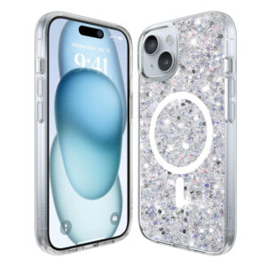 Husa Shiny Diamonds pentru Apple iPhone 15, Ultra Slim, Usoara, Durabila, Antisoc, Bumper compatibil cu incarcarea de tip MagSafe, Alb