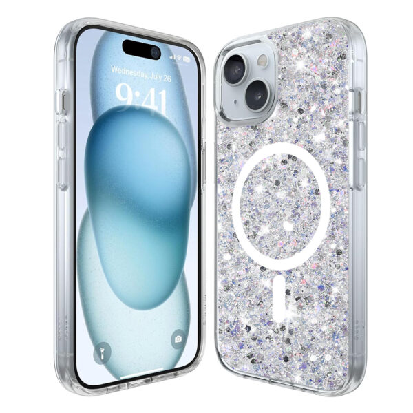 Husa Shiny Diamonds pentru Apple iPhone 15, Ultra Slim, Usoara, Durabila, Antisoc, Bumper compatibil cu incarcarea de tip MagSafe, Alb