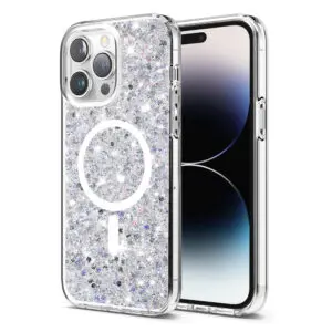 Husa Shiny Diamonds pentru Apple iPhone 14 Pro Max, Ultra Slim, Usoara, Durabila, Antisoc, Bumper compatibil cu incarcarea de tip MagSafe, Alb