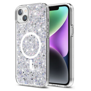 Husa Shiny Diamonds pentru Apple iPhone 15 Plus, Ultra Slim, Usoara, Durabila, Antisoc, Bumper compatibil cu incarcarea de tip MagSafe, Alb