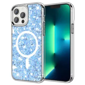 Husa Shiny Diamonds pentru Apple iPhone 13 Pro Max, Ultra Slim, Usoara, Durabila, Antisoc, Bumper compatibil cu incarcarea de tip MagSafe, Albastru