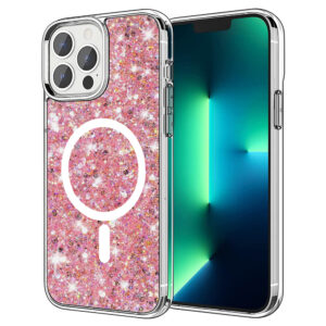 Husa Shiny Diamonds pentru Apple iPhone 13 Pro Max, Ultra Slim, Usoara, Durabila, Antisoc, Bumper compatibil cu incarcarea de tip MagSafe, Roz