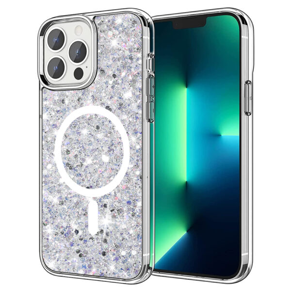 Husa Shiny Diamonds pentru Apple iPhone 13 Pro Max, Ultra Slim, Usoara, Durabila, Antisoc, Bumper compatibil cu incarcarea de tip MagSafe, Alb