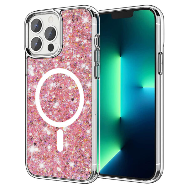 Husa Shiny Diamonds pentru Apple iPhone 13 Pro, Ultra Slim, Usoara, Durabila, Antisoc, Bumper compatibil cu incarcarea de tip MagSafe, Roz