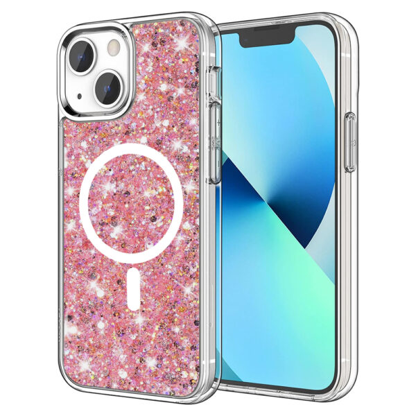 Husa Shiny Diamonds pentru Apple iPhone 13, Ultra Slim, Usoara, Durabila, Antisoc, Bumper compatibil cu incarcarea de tip MagSafe, Roz