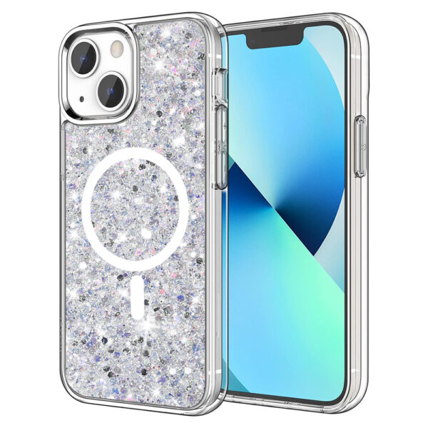 Husa Shiny Diamonds pentru Apple iPhone 13, Ultra Slim, Usoara, Durabila, Antisoc, Bumper compatibil cu incarcarea de tip MagSafe, Alb