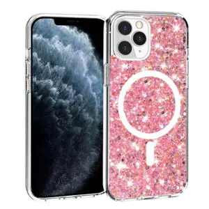 Husa Shiny Diamonds pentru Apple iPhone 11 Pro Max, Ultra Slim, Usoara, Durabila, Antisoc, Bumper compatibil cu incarcarea de tip MagSafe, Roz