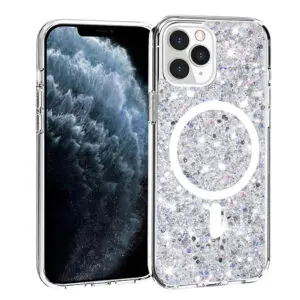 Husa Shiny Diamonds pentru Apple iPhone 11 Pro Max, Ultra Slim, Usoara, Durabila, Antisoc, Bumper compatibil cu incarcarea de tip MagSafe, Alb