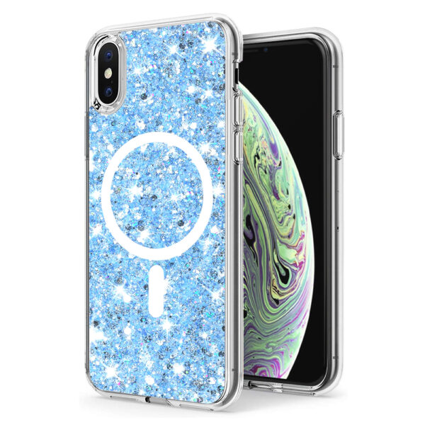 Husa Shiny Diamonds pentru Apple iPhone XS Max, Ultra Slim, Usoara, Durabila, Antisoc, Bumper compatibil cu incarcarea de tip MagSafe, Albastru