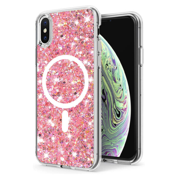 Husa Shiny Diamonds pentru Apple iPhone XS Max, Ultra Slim, Usoara, Durabila, Antisoc, Bumper compatibil cu incarcarea de tip MagSafe, Roz