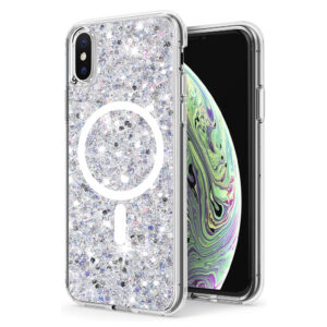 Husa Shiny Diamonds pentru Apple iPhone XS Max, Ultra Slim, Usoara, Durabila, Antisoc, Bumper compatibil cu incarcarea de tip MagSafe, Alb