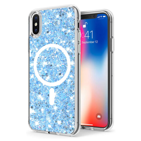 Husa Shiny Diamonds pentru Apple iPhone X | iPhone XS, Ultra Slim, Usoara, Durabila, Antisoc, Bumper compatibil cu incarcarea de tip MagSafe, Albastru