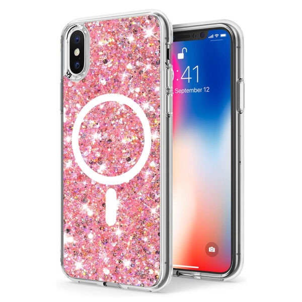 Husa Shiny Diamonds pentru Apple iPhone X | iPhone XS, Ultra Slim, Usoara, Durabila, Antisoc, Bumper compatibil cu incarcarea de tip MagSafe, Roz