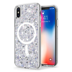 Husa Shiny Diamonds pentru Apple iPhone X | iPhone XS, Ultra Slim, Usoara, Durabila, Antisoc, Bumper compatibil cu incarcarea de tip MagSafe, Alb