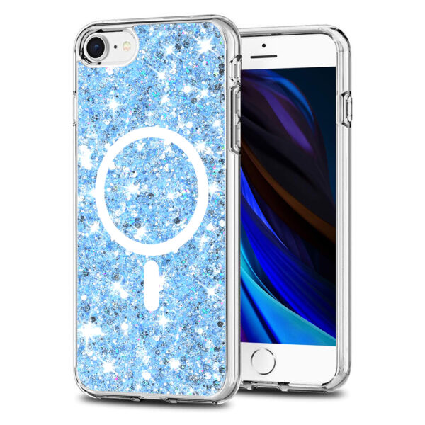 Husa Shiny Diamonds pentru Apple iPhone SE 2 | iPhone SE 3 | iPhone 7 | iPhone 8, Ultra Slim, Usoara, Durabila, Antisoc, Bumper compatibil cu incarcarea de tip MagSafe, Albastru