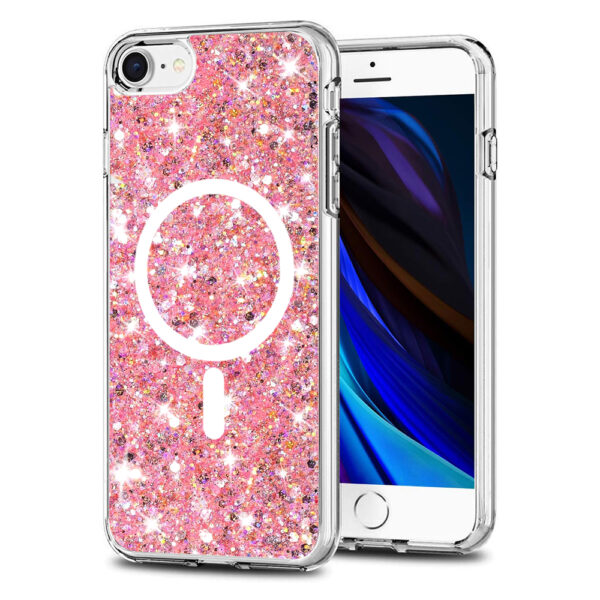 Husa Shiny Diamonds pentru Apple iPhone SE 2 | iPhone SE 3 | iPhone 7 | iPhone 8, Ultra Slim, Usoara, Durabila, Antisoc, Bumper compatibil cu incarcarea de tip MagSafe, Roz