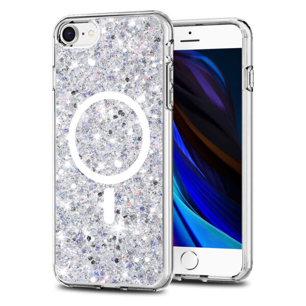 Husa Shiny Diamonds pentru Apple iPhone SE 2 | iPhone SE 3 | iPhone 7 | iPhone 8, Ultra Slim, Usoara, Durabila, Antisoc, Bumper compatibil cu incarcarea de tip MagSafe, Alb