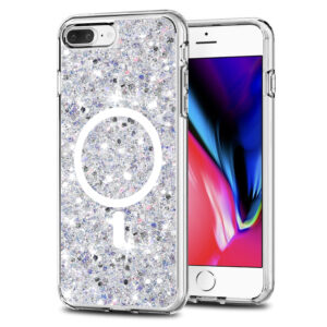 Husa Shiny Diamonds pentru Apple iPhone 8 Plus | iPhone 7 Plus, Ultra Slim, Usoara, Durabila, Antisoc, Bumper compatibil cu incarcarea de tip MagSafe, Alb