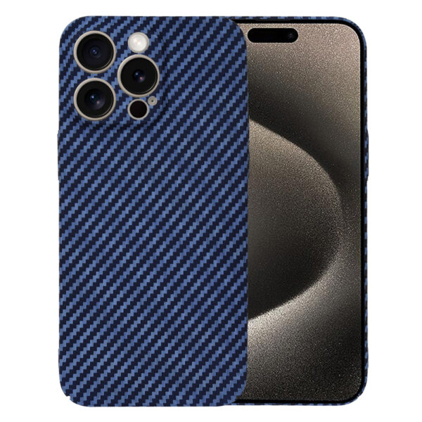 Husa Luxury Aramid pentru Apple iPhone 15 Pro Max, Textura de fibra de carbon, Ultra Safe Protect, Antisoc, Protectie camera, UltraSubtire, Usoara, Albastru