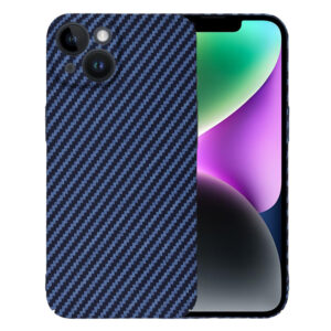 Husa Luxury Aramid pentru Apple iPhone 14, Textura de fibra de carbon, Ultra Safe Protect, Antisoc, Protectie camera, UltraSubtire, Usoara, Albastru