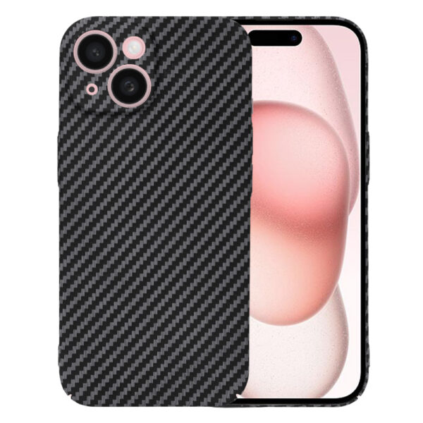 Husa Luxury Aramid pentru Apple iPhone 15, Textura de fibra de carbon, Ultra Safe Protect, Antisoc, Protectie camera, UltraSubtire, Usoara, Negru