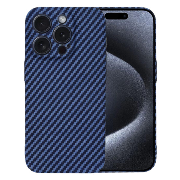 Husa Luxury Aramid pentru Apple iPhone 15 Pro, Textura de fibra de carbon, Ultra Safe Protect, Antisoc, Protectie camera, UltraSubtire, Usoara, Albastru