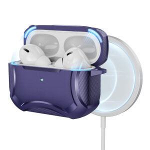 Husa anti-soc, compatibila Apple AirPods Pro 1, FONIX Fiber Strong, Magnetizata, Carabiniera incorporata / detasabila, Protectie completa, compatibila incarcare MagSafe, Mov