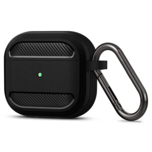 Husa de protectie compatibila cu Apple AirPods 3 (2021), FONIX Carbon Shield Ultra, Anti-soc, Confortabila, Design compact, Suport carabiniera incorporat, Protectie completa, Negru