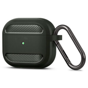 Husa de protectie compatibila cu Apple AirPods 3 (2021), FONIX Carbon Shield Ultra, Anti-soc, Confortabila, Design compact, Suport carabiniera incorporat, Protectie completa, Verde