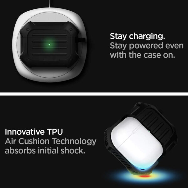 Husa tip armura compatibila cu Apple AirPods 3 (2021), FONIX Hard Armor, Anti-soc, Constructie robusta, Carabiniera incorporata / detasabila, Protectie completa, Negru - 3