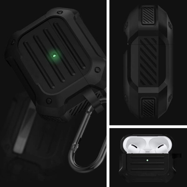 Husa tip armura compatibila cu Apple AirPods 3 (2021), FONIX Hard Armor, Anti-soc, Constructie robusta, Carabiniera incorporata / detasabila, Protectie completa, Negru - 4