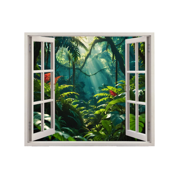 Autocolant pentru perete tip fereastra, Model Jungle, Dimensiuni 125 x 110 cm, Sticker Autoadeziv, Rezistent in timp, Culori Vibrante, Vopsele Ecologice Durabile, Aplicare facila si rapida